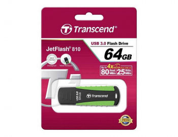  64GB USB3.1 Flash Drive Transcend "JetFlash 810", Black-Green, Rubber Case (R/W:90/30MB/s)