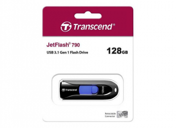 128GB  USB3.1 Flash Drive Transcend "JetFlash  790", Black-Blue, Slider (R/W:90/40MB/s)