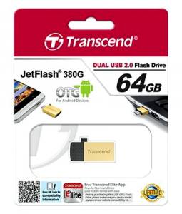  64GB USB2.0/Micro-USB Flash Drive Transcend "JetFlash 380", Gold, Metal Case, OTG (R/W:20/10MB/s)