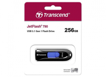 256GB  USB3.1 Flash Drive Transcend "JetFlash  790", Black-Blue, Slider (R/W:90/40MB/s)