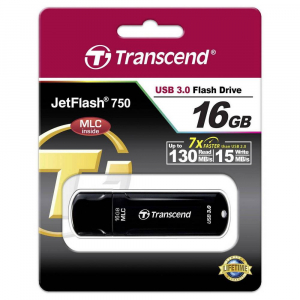 16GB USB3.1 Flash Drive Transcend "JetFlash 750", Black, Classic, Endurance MLC (R/W:130/30MB/s) 